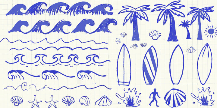 Blue ink sketches of waves palm trees and seashells on graph paper