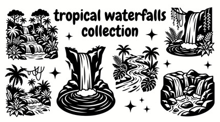 tropical waterfalls featuring lush rainforest cascades jungle rivers emerald pools towering cliffs and world famous tropical waterfall destinations arranged as a premium collection vector illustration © Ethan