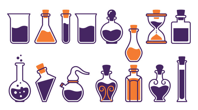 Laboratory glassware and bottles. Science equipment icons. Vector lab supplies.