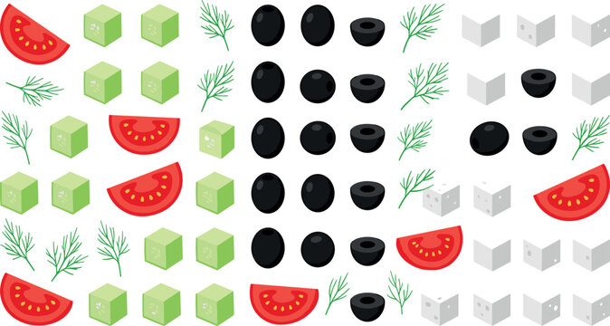 Greek salad ingredients vector set with tomato slices cucumber cubes black olives feta cheese and dill herbs isolated on white background for design