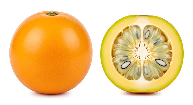 Fresh lulo fruit isolated on white. Whole and halved naranjilla citrus. Tropical exotic food product.