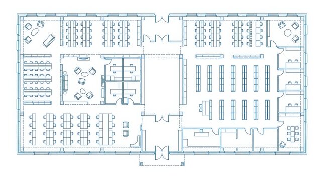 Architectural floor plan of a modern office space with workstations and meeting areas