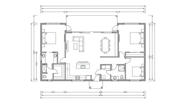 Architectural floor plan of a modern threebedroom house with an openconcept living area and a central patio