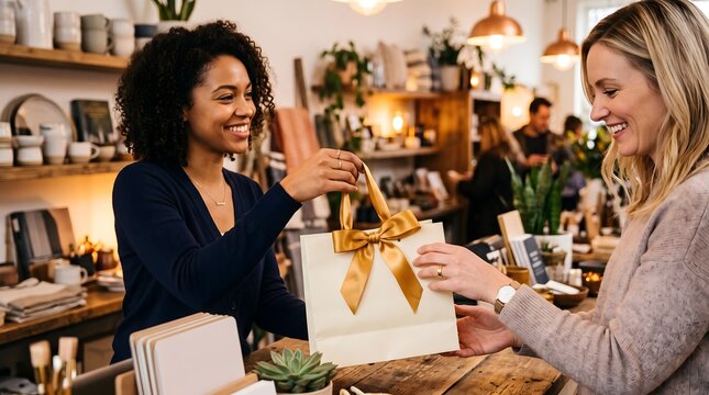 Friendly shop assistant handing gift bag to customer in small boutique gift shop with shopping boutique customer assistant purchase
