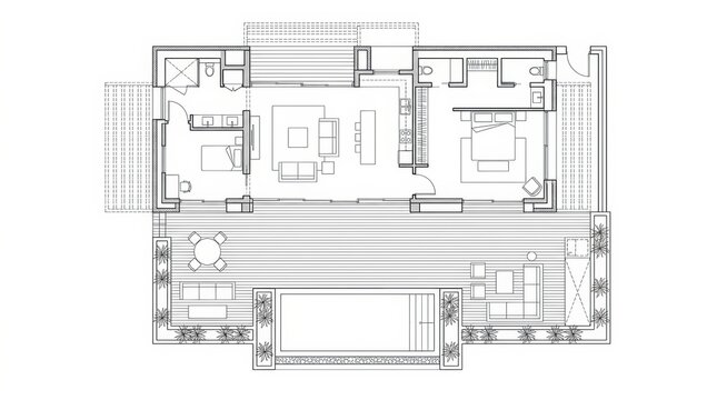 Architectural floor plan of a modern house with a large outdoor deck and swimming pool