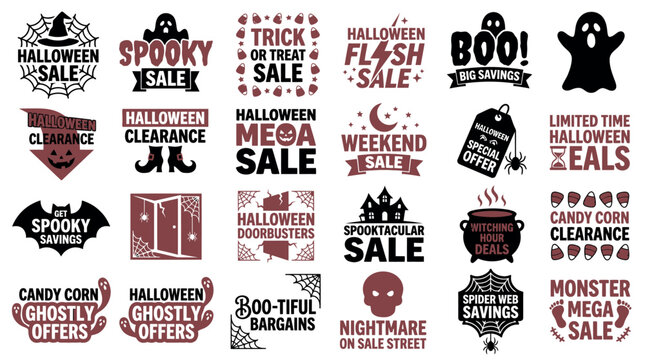 Halloween sale banners with spooky elements and discounts. Vector illustrations for retail promotions, clearance events, and seasonal offers. Comme...