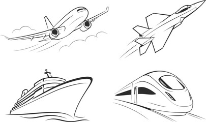 Modern Transportation Collection Airplane Jet Train Yacht Vector Illustration. © Raihan
