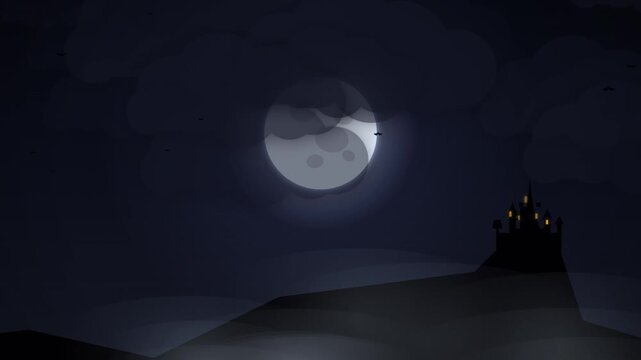 Spooky Halloween Haunted Castle Night with Full Moon Animation