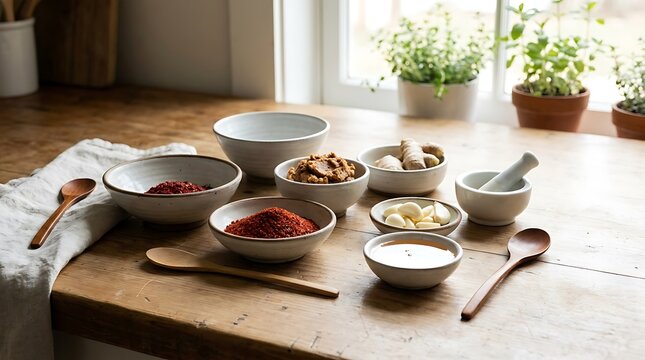 Ceramic bowls with healthy ingredients and spices on a wooden table in a kitchen. 
 Gochujang cooking guide