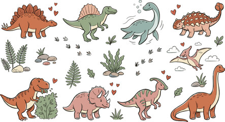 Watercolor Style Cute Dinosaur Vector Character Set with T-Rex Triceratops Stegosaurus Spinosaurus Parasaurolophus Plesiosaurus Ankylosaurus Leaves Footprints and Hearts for Fabric Patterns © Mdsahidul