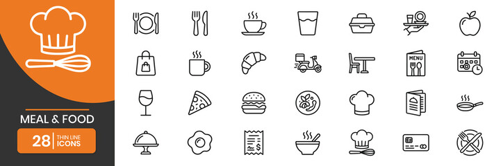 Meal and food experience thin line icon set plate with cutlery and steaming coffee cup © Creative-Co