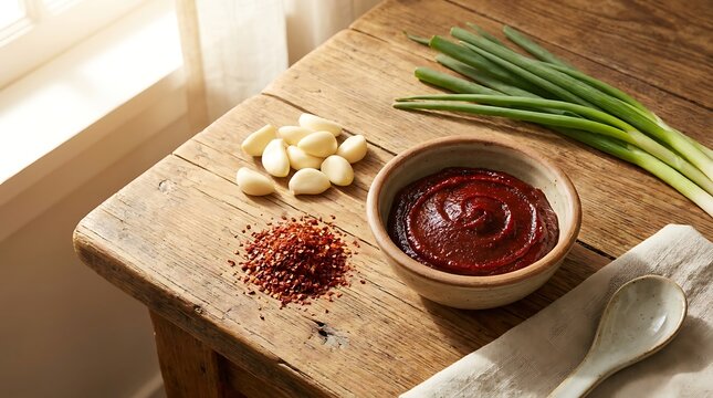 Bowl of red chili paste with garlic cloves and green onions on a rustic wooden table. Gochujang cooking guide