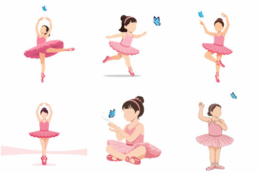 Set of cute little girl ballerina illustrations dancing in pink tutu with blue butterflies, flat vector design