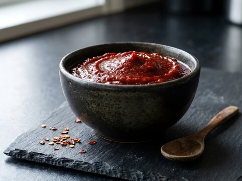 Healthy berry smoothie bowl with oatmeal and seeds in a black bowl on a dark stone board. Gochujang cooking guide