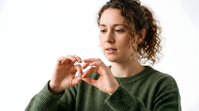Young woman gesturing with hands to communicate using sign language on white background language communication expression inclusion