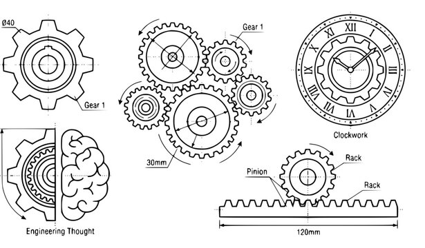 Mechanical engineering blueprint elements with gears, clockwork, and pinion rack
