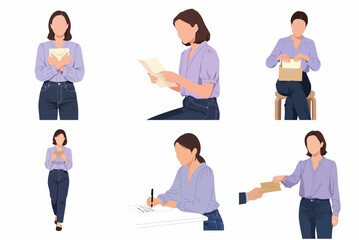 Obraz premium Collection of flat vector illustrations of a woman writing, reading, and sending letters and envelopes in various poses