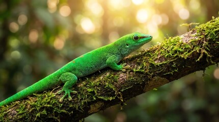 Fototapeta premium Bright Green Gecko Resting on a Mossy Forest Branch in a Lush Tropical Jungle Landscape at Golden Hour