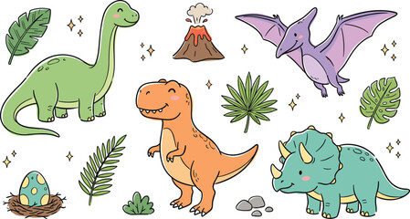 Cute Cartoon Dinosaur Vector Character Set with Baby T-Rex Brachiosaurus Triceratops Pterodactyl Erupting Volcano Egg Nest and Palm Leaves for Nursery Wall Art © Mst
