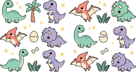 Cute Dinosaur Cartoon Vector Character Set with Baby T-Rex Triceratops Brachiosaurus Pterodactyl Eggs Bones Palm Tree and Tropical Leaves for Nursery Stickers © Mst
