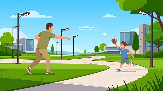 Father and son playing catch with a baseball in a sunny park