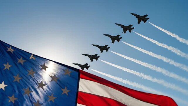 Us military jets flying in formation over american flag