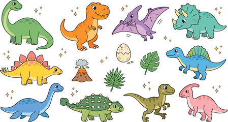 Kawaii Cute Dinosaur Cartoon Vector Character Set with Baby T-Rex Triceratops Brachiosaurus Stegosaurus Spinosaurus Ankylosaurus Erupting Volcano Egg and Tropical Leaves Elements © MstRakha