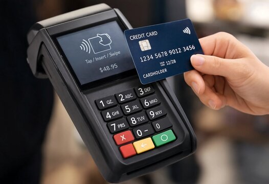 Close up of person using credit card for contactless payment on modern point of sale terminal.