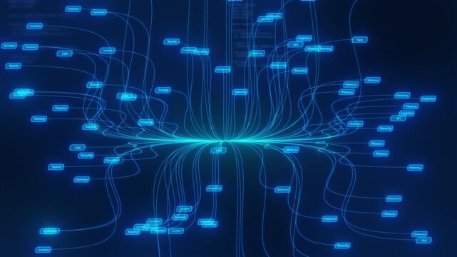 Artificial intelligence neural network tree; abstract digital data flow connection animation for futuristic computing technology