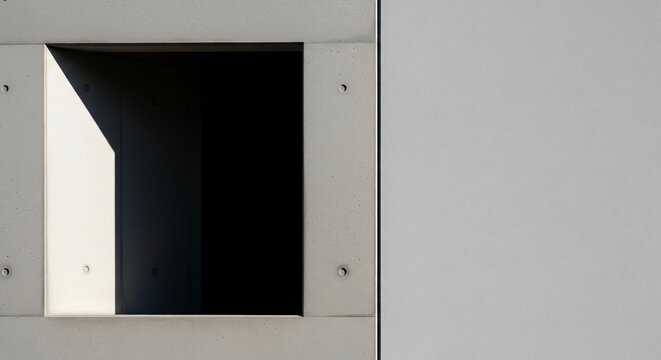 Minimalist composition of a square window niche on a smooth grey facade with dramatic lighting and strong black shadow
