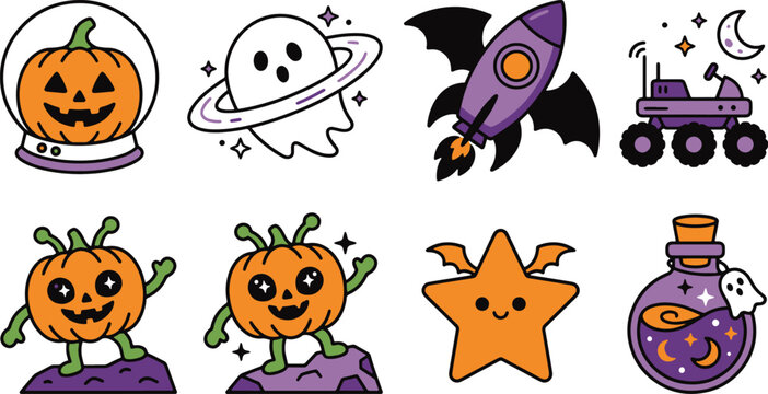 Halloween space theme: pumpkin in globe, ghost, rocket, rover, pumpkins, star, potion