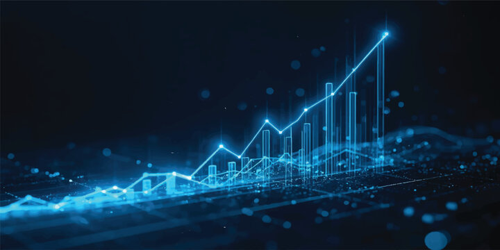 Abstract Blue Technology Background with Glowing Lines Inspired by San Francisco Bridge Architecture, 3D City Graph, Finance Charts, Water and Modern Business Connections