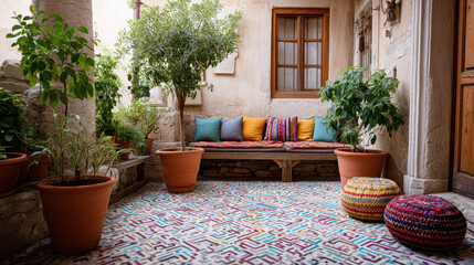 Fototapeta premium Colorful Cushions and Potted Plants in Mosaic Tiled Courtyard