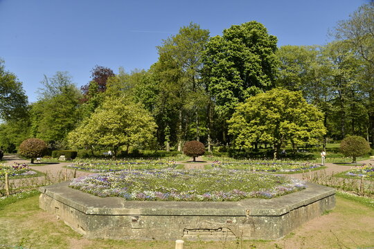 V&eacute;g&eacute;tation luxuriante avec parterres de fleurs au printemps au parc de la Dodaine &agrave; Nivelles 