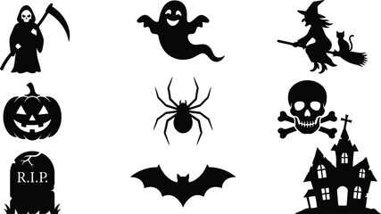 Fototapeta premium Halloween set featuring black silhouettes of a grim reaper ghost witch on a broomstick jack o lantern spider skull and crossbones tombstone bat and a haunted house on a white background