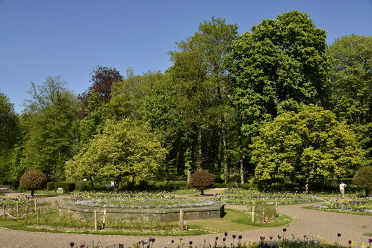 V&eacute;g&eacute;tation luxuriante avec parterres de fleurs au printemps au parc de la Dodaine &agrave; Nivelles 