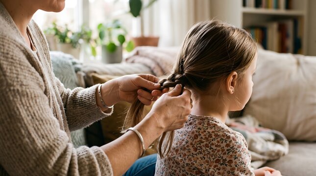 Mother braiding her daughter hair at home on the living room sofa with braiding daughter lifestyle nurturing hairstyle togetherness