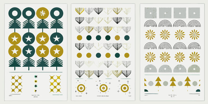 Geometric floral and evergreen ornament pattern teal and gold color scheme