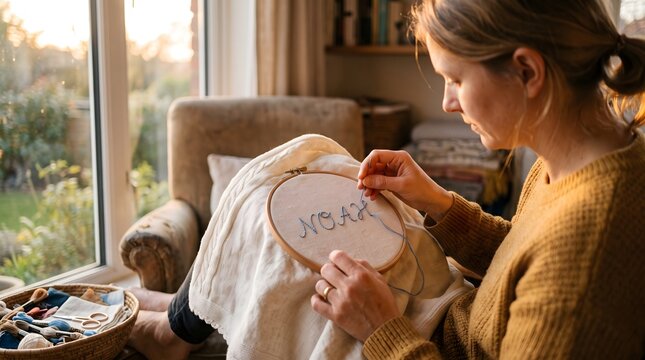 Woman sitting by window embroidering embroidery hoop with xoxo pattern embroidery needlepoint creative handmade stitching relaxation