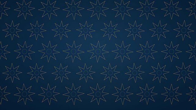 Repeating geometric star pattern background with shining golden outlines on a deep navy blue surface elegant seamless texture loop for presentations