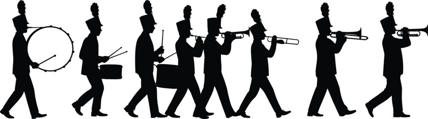 Marching Band Silhouette Collection with Drumline and Brass Musicians Vector Parade Set © MSTMONIRA