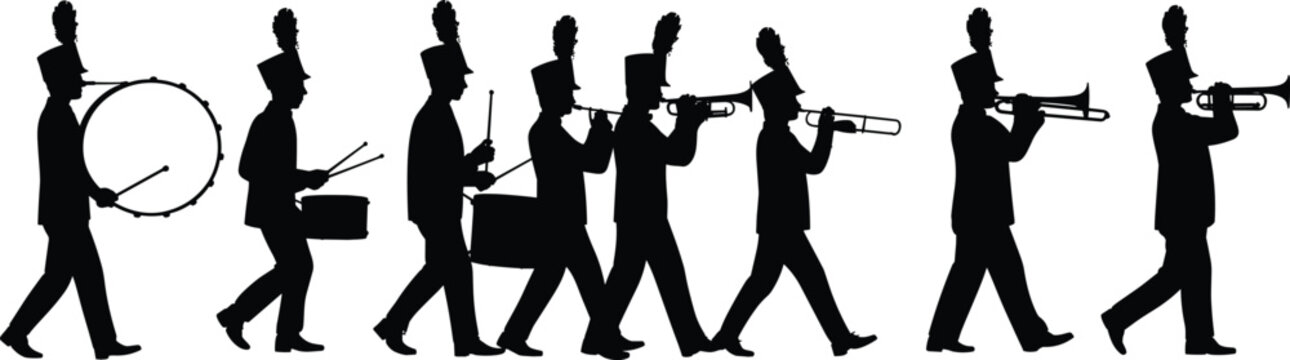 Marching Band Silhouette Collection with Drumline and Brass Musicians Vector Parade Set
