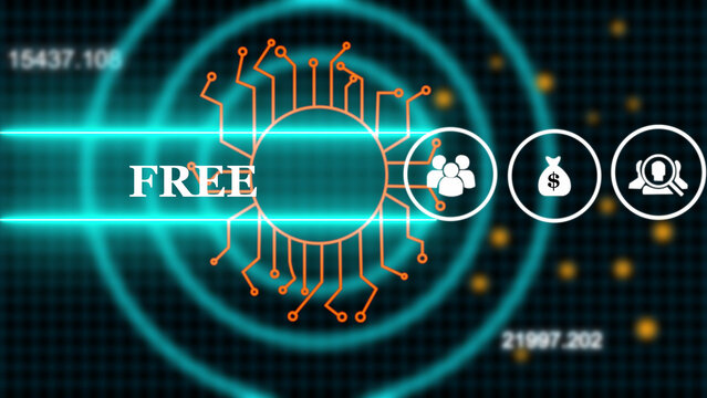 Digital interface featuring the word free with a glowing orange circuit board pattern, circular representing people, money, and research, set against a dark blue grid background, with data numbers