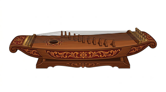 Traditional Indonesian Kecapi String Instrument with Ornamental Wood Carving