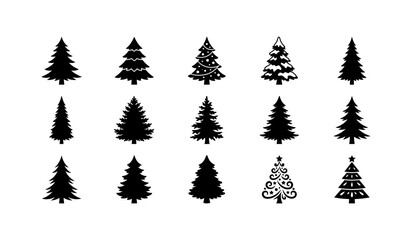 Collection of various christmas tree silhouette icons including evergreen pine fir and decorated coniferous symbols isolated on white background for seasonal winter graphic design and holiday projects © Fountain
