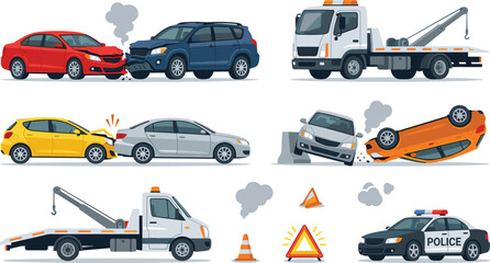 Road Traffic Accident and Towing Service Vector Set with Head On Collision Rear End Crash Rollover Police Car Flatbed Tow Truck and Warning Signs © Mostrenu