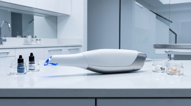 Sleek high-tech dental intraoral 3D scanner with blue light on a clean white countertop used for precise digital impressions and prosthetic modeling.