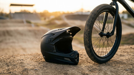 Obraz premium Black BMX helmet and wheel resting on dirt track during golden hour sunset