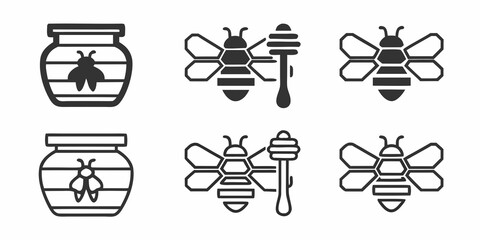 Honey Bee Icons Jar Dipper And Bee Illustrations On White Background © Kanika