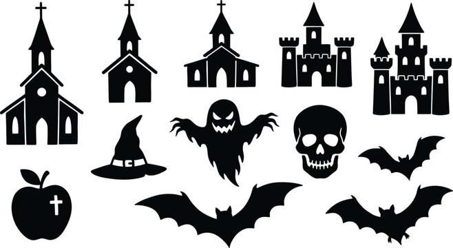 Black silhouette of gothic churches castles a witch hat a ghost a human skull an apple with a cross and flying bats on a white background